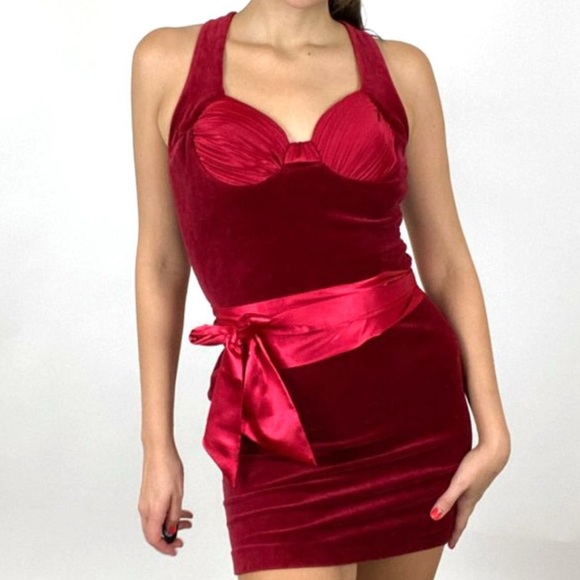 Vintage 90s Karen Okada Red Velvet Bustier Mini Dress - Picture 2 of 9